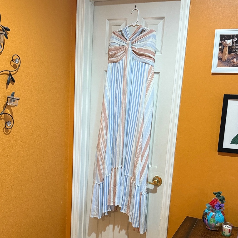 Beautiful Striped Maxi Dress in Blue and Tan-size M